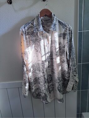H&M Oversized Button-Down Shirt with Cream & Black Scenic Print